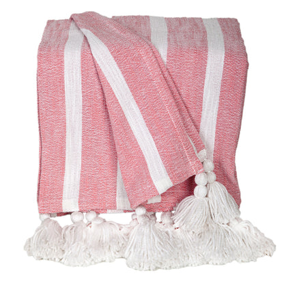 50" X 60" Pink and White Woven Cotton Striped Throw Blanket with Tassels