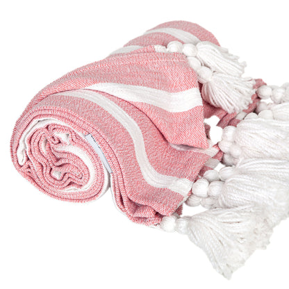 50" X 60" Pink and White Woven Cotton Striped Throw Blanket with Tassels