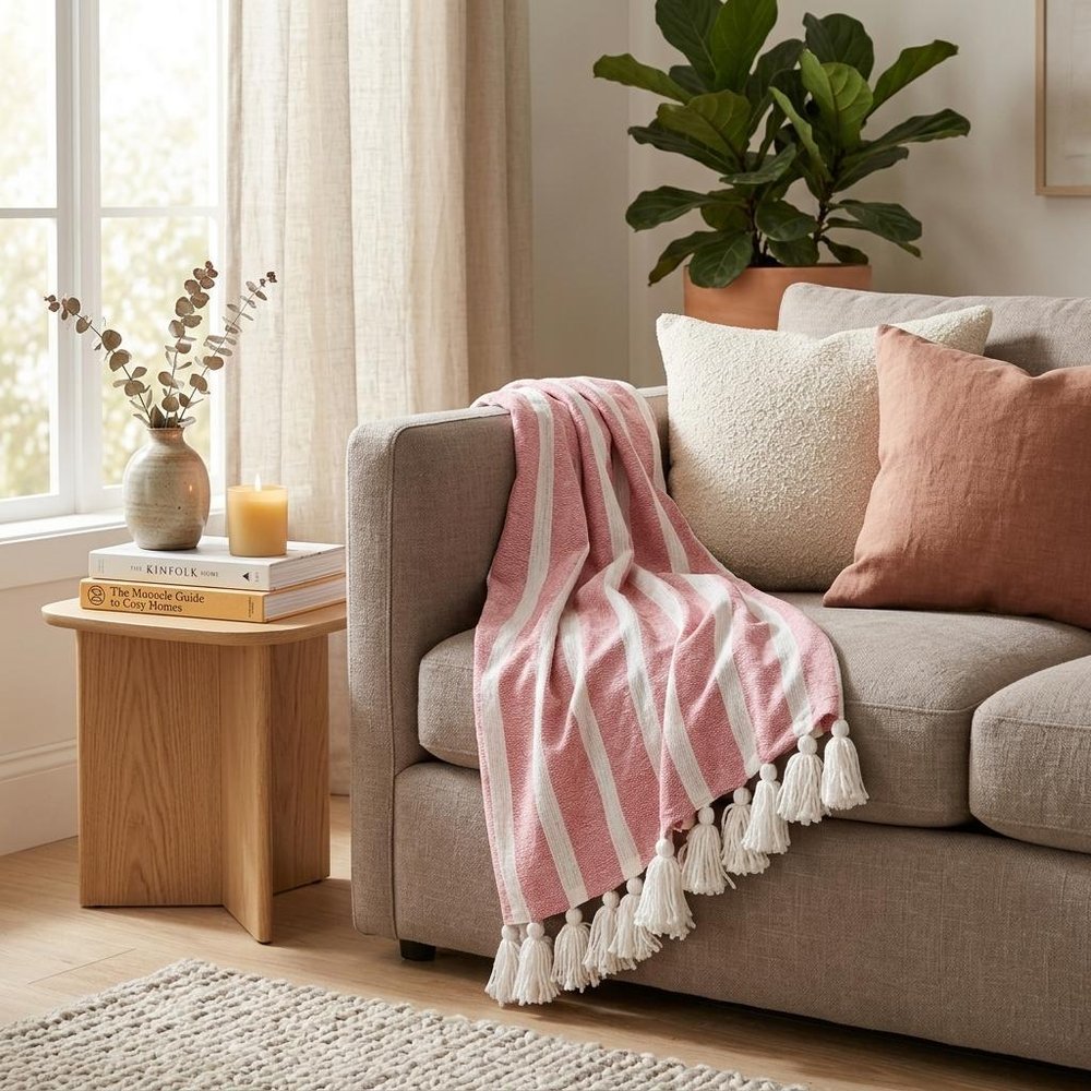 50" X 60" Pink and White Woven Cotton Striped Throw Blanket with Tassels