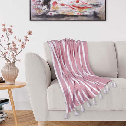 50" X 60" Pink and White Woven Cotton Striped Throw Blanket with Tassels