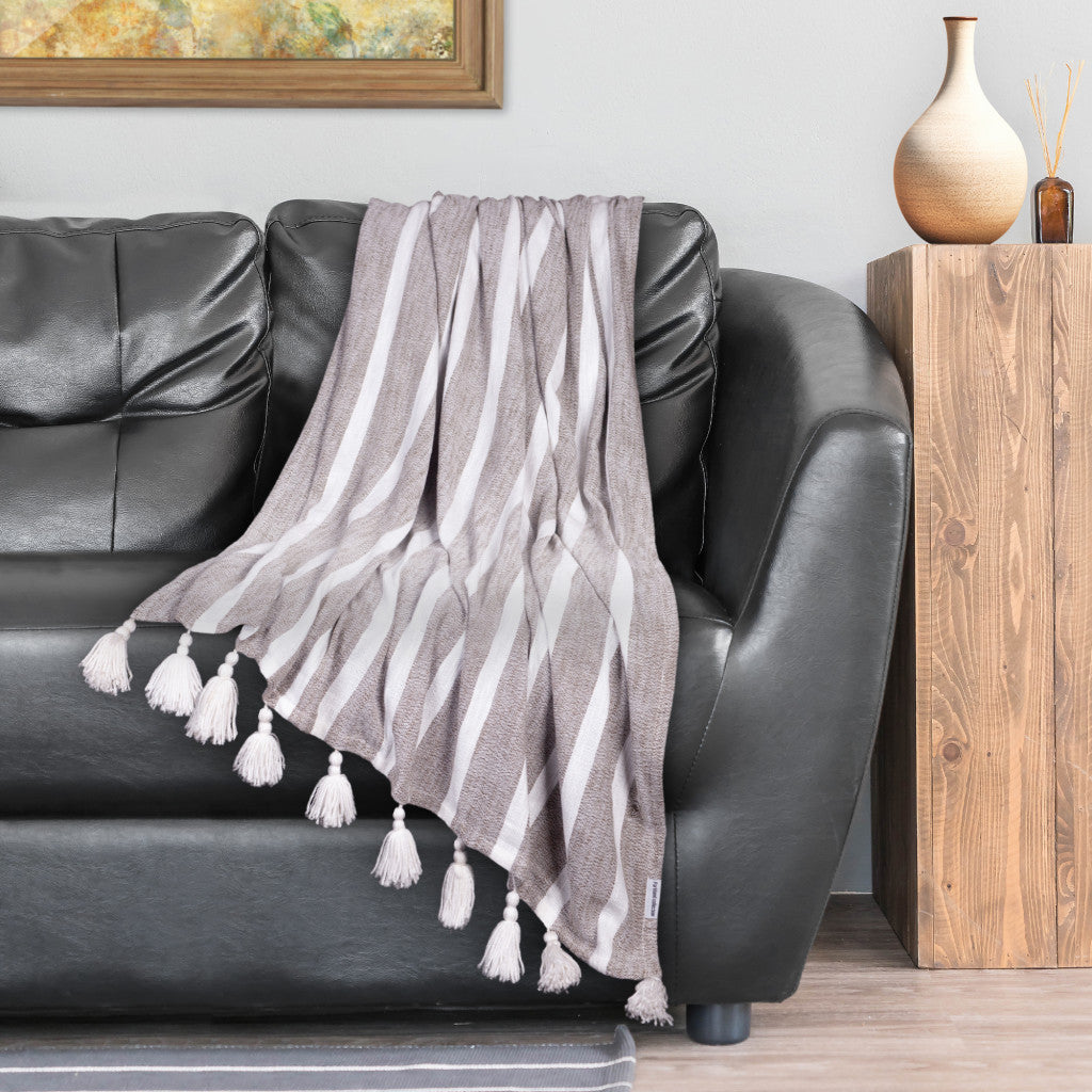 50" X 60" Charcoal Woven Cotton Striped Throw Blanket with Tassels