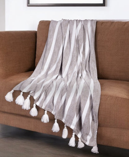 50" X 60" Charcoal Woven Cotton Striped Throw Blanket with Tassels