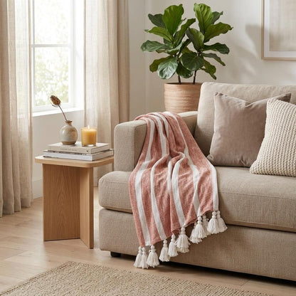 50" X 60" Rust Woven Cotton Striped Throw Blanket with Tassels