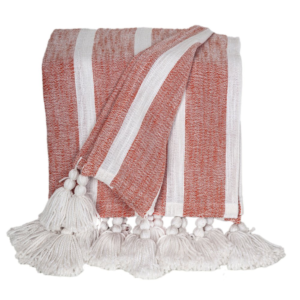 50" X 60" Rust Woven Cotton Striped Throw Blanket with Tassels