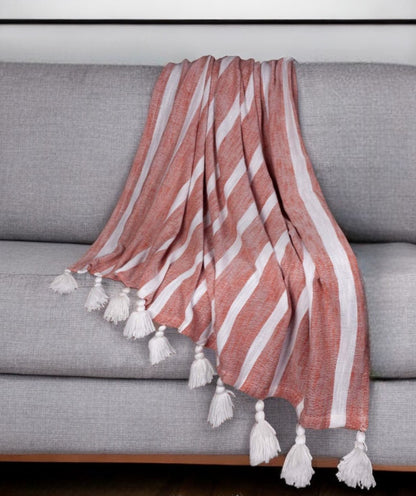 50" X 60" Rust Woven Cotton Striped Throw Blanket with Tassels