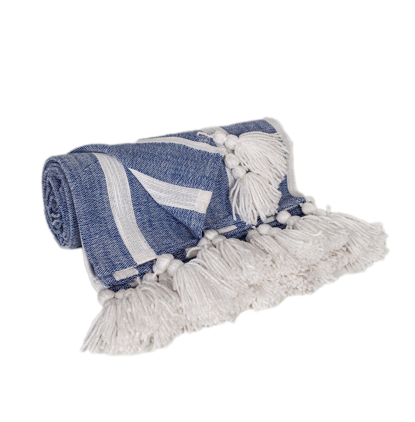 50" X 60" Blue and White Woven Cotton Striped Throw Blanket with Tassels