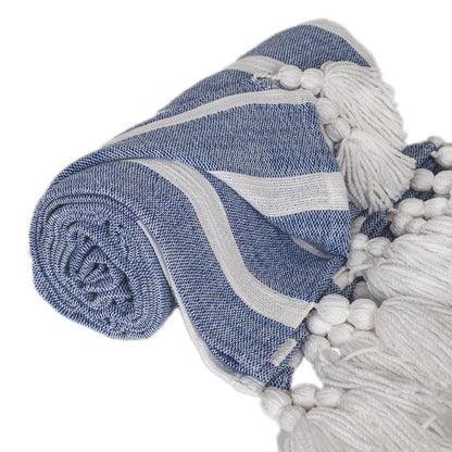 50" X 60" Blue and White Woven Cotton Striped Throw Blanket with Tassels