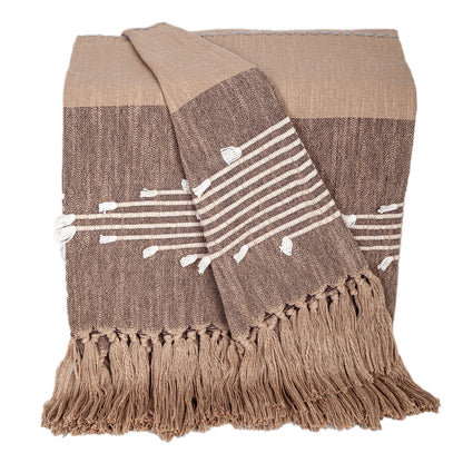 50" X 60" Brown and Beige Woven Cotton Striped Throw Blanket with Tassels and Embroidery