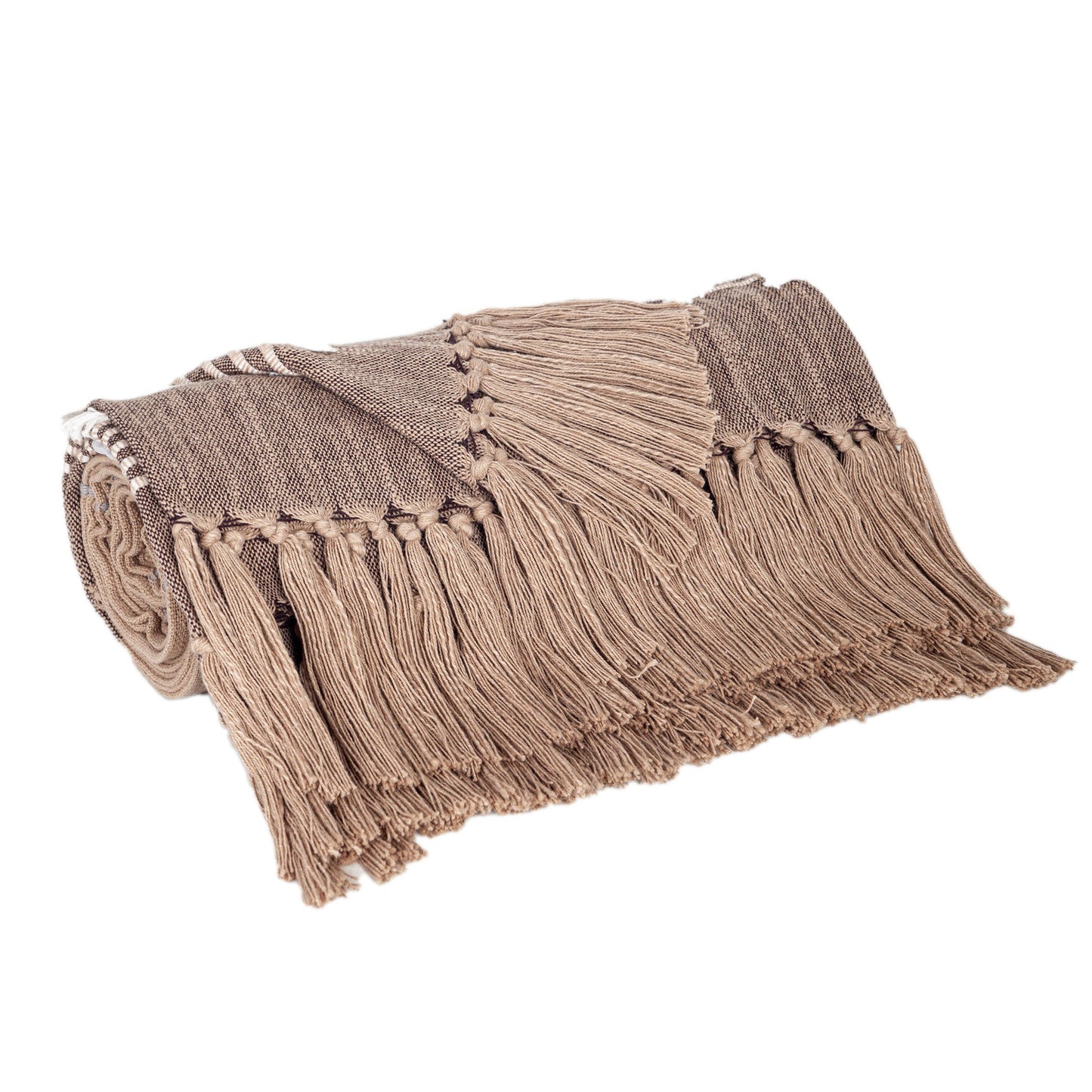 50" X 60" Brown and Beige Woven Cotton Striped Throw Blanket with Tassels and Embroidery