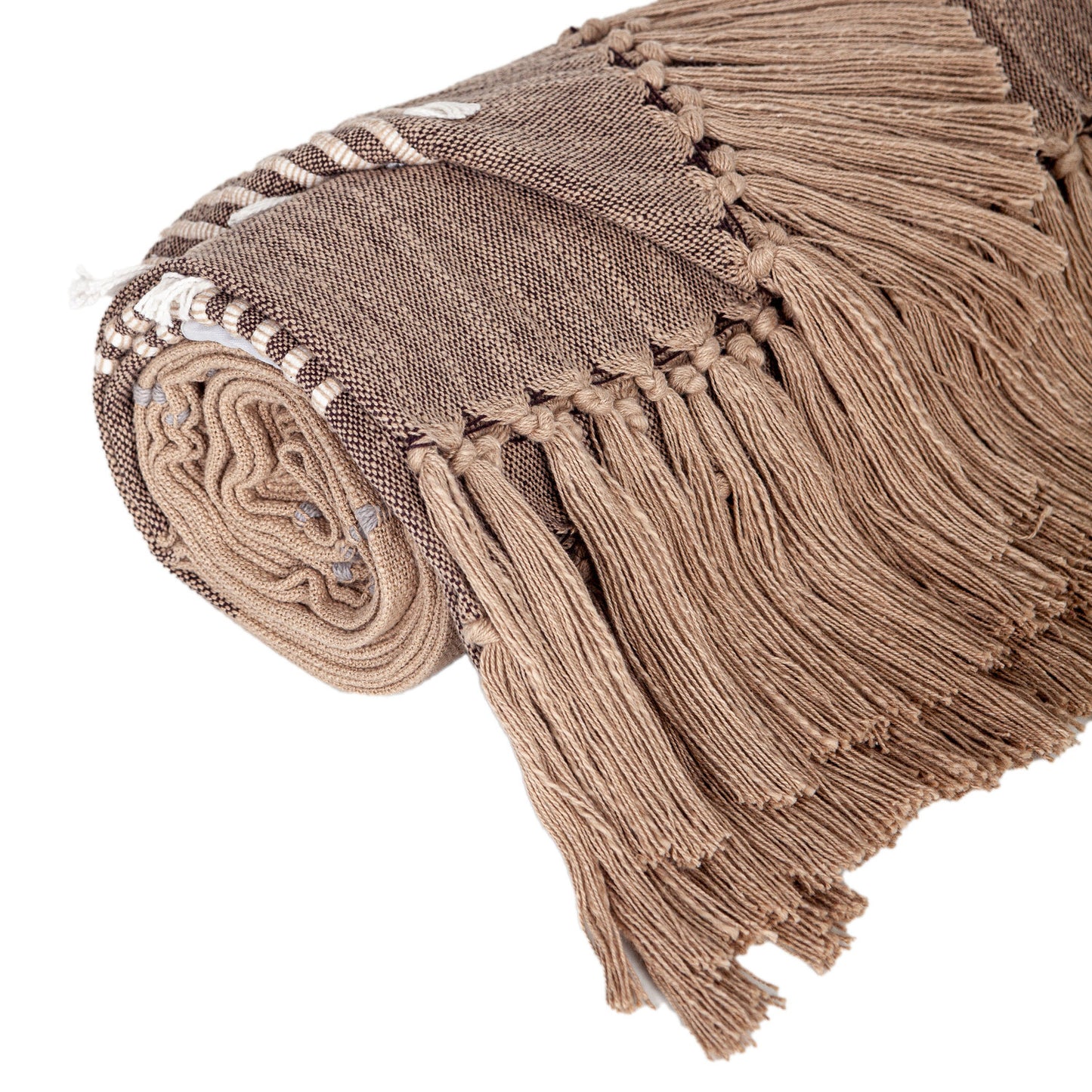 50" X 60" Brown and Beige Woven Cotton Striped Throw Blanket with Tassels and Embroidery