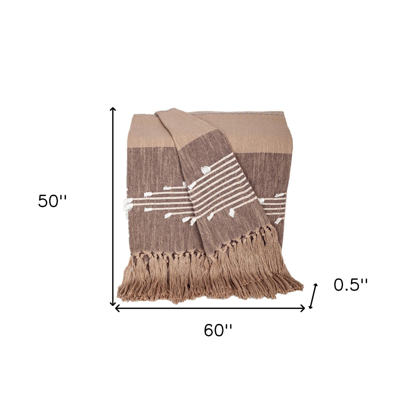 50" X 60" Brown and Beige Woven Cotton Striped Throw Blanket with Tassels and Embroidery