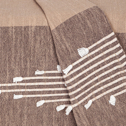 50" X 60" Brown and Beige Woven Cotton Striped Throw Blanket with Tassels and Embroidery