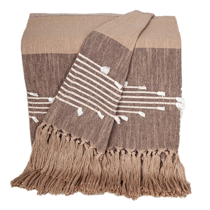 50" X 60" Brown and Beige Woven Cotton Striped Throw Blanket with Tassels and Embroidery