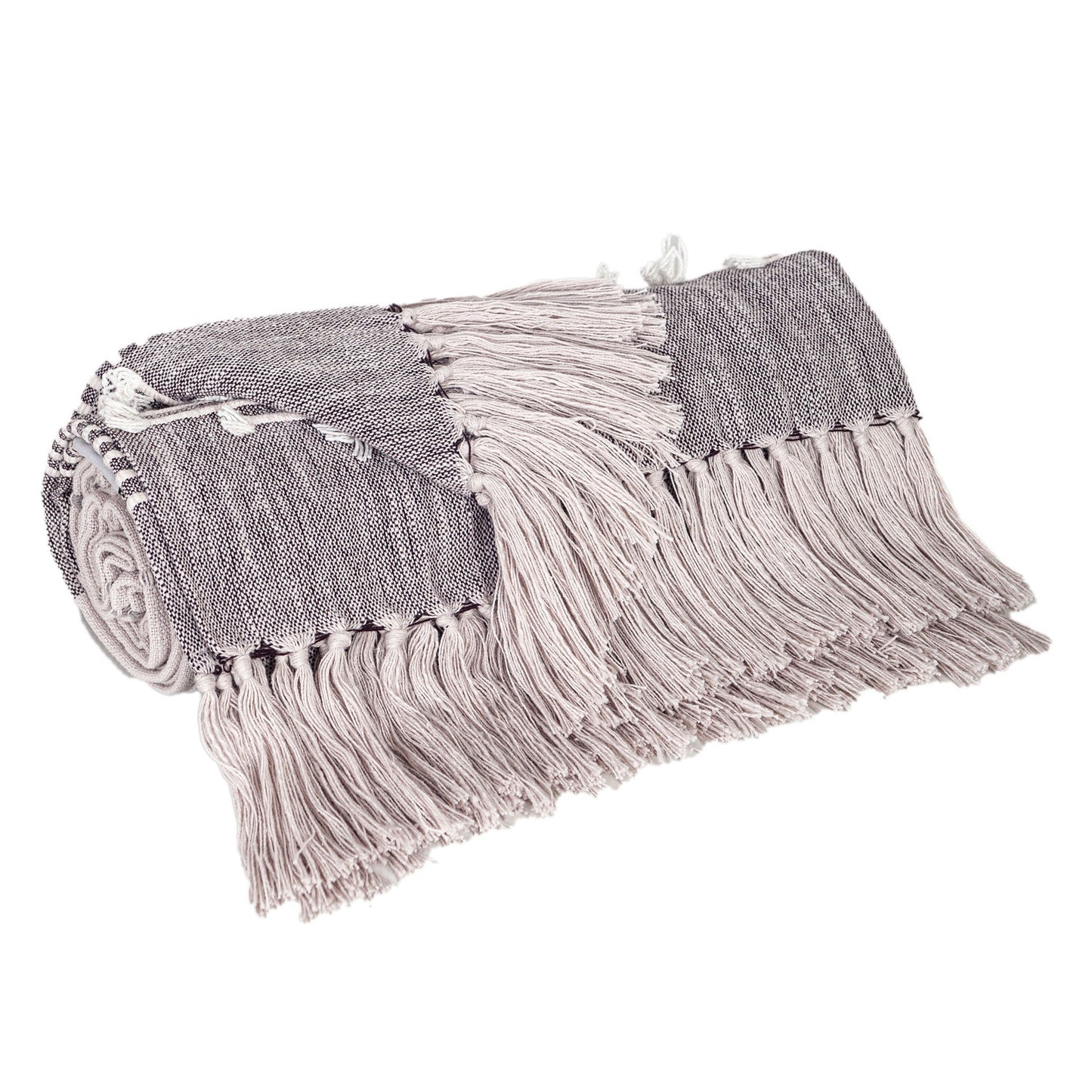 50" X 60" Gray Woven Cotton Striped Throw Blanket with Tassels and Embroidery