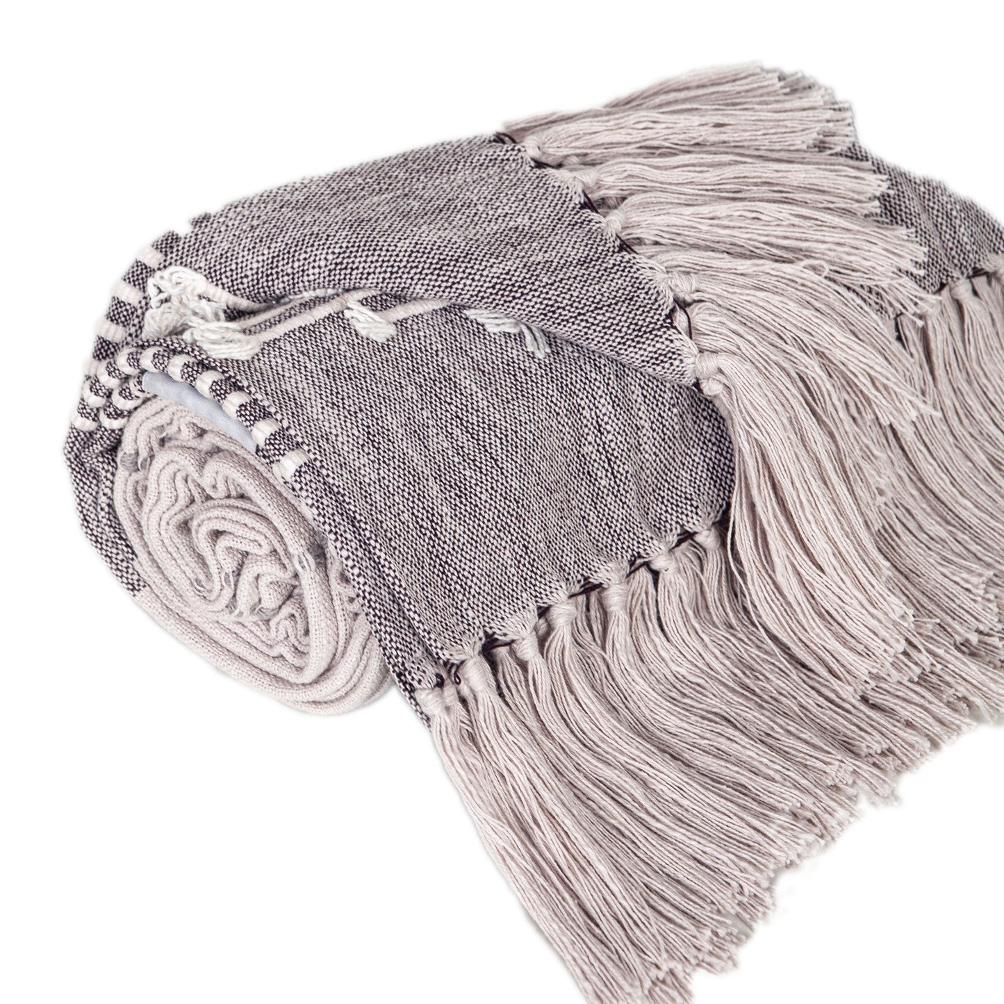 50" X 60" Gray Woven Cotton Striped Throw Blanket with Tassels and Embroidery