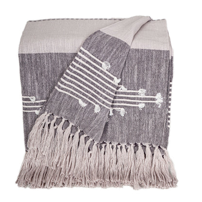 50" X 60" Gray Woven Cotton Striped Throw Blanket with Tassels and Embroidery