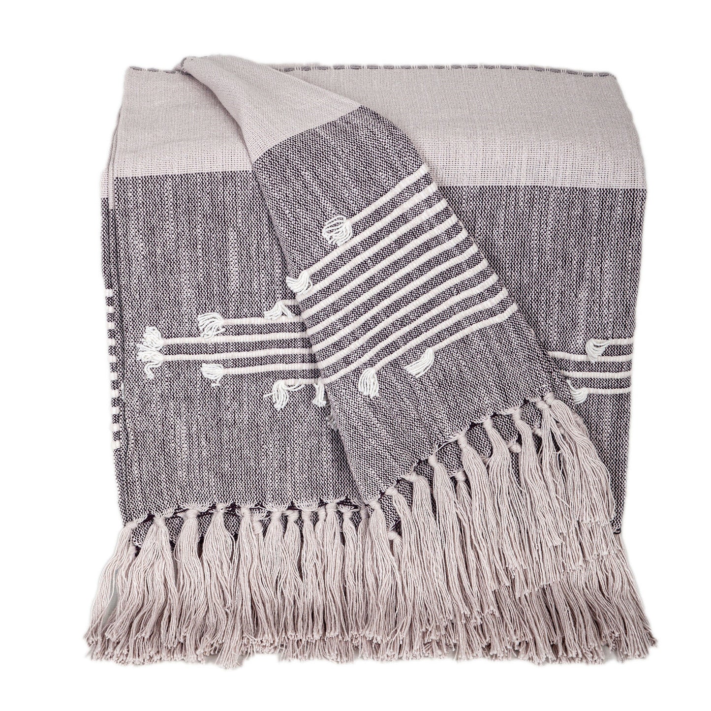 50" X 60" Gray Woven Cotton Striped Throw Blanket with Tassels and Embroidery