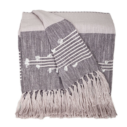 50" X 60" Gray Woven Cotton Striped Throw Blanket with Tassels and Embroidery