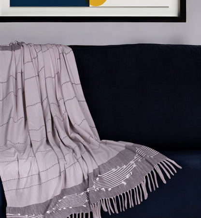 50" X 60" Gray Woven Cotton Striped Throw Blanket with Tassels and Embroidery