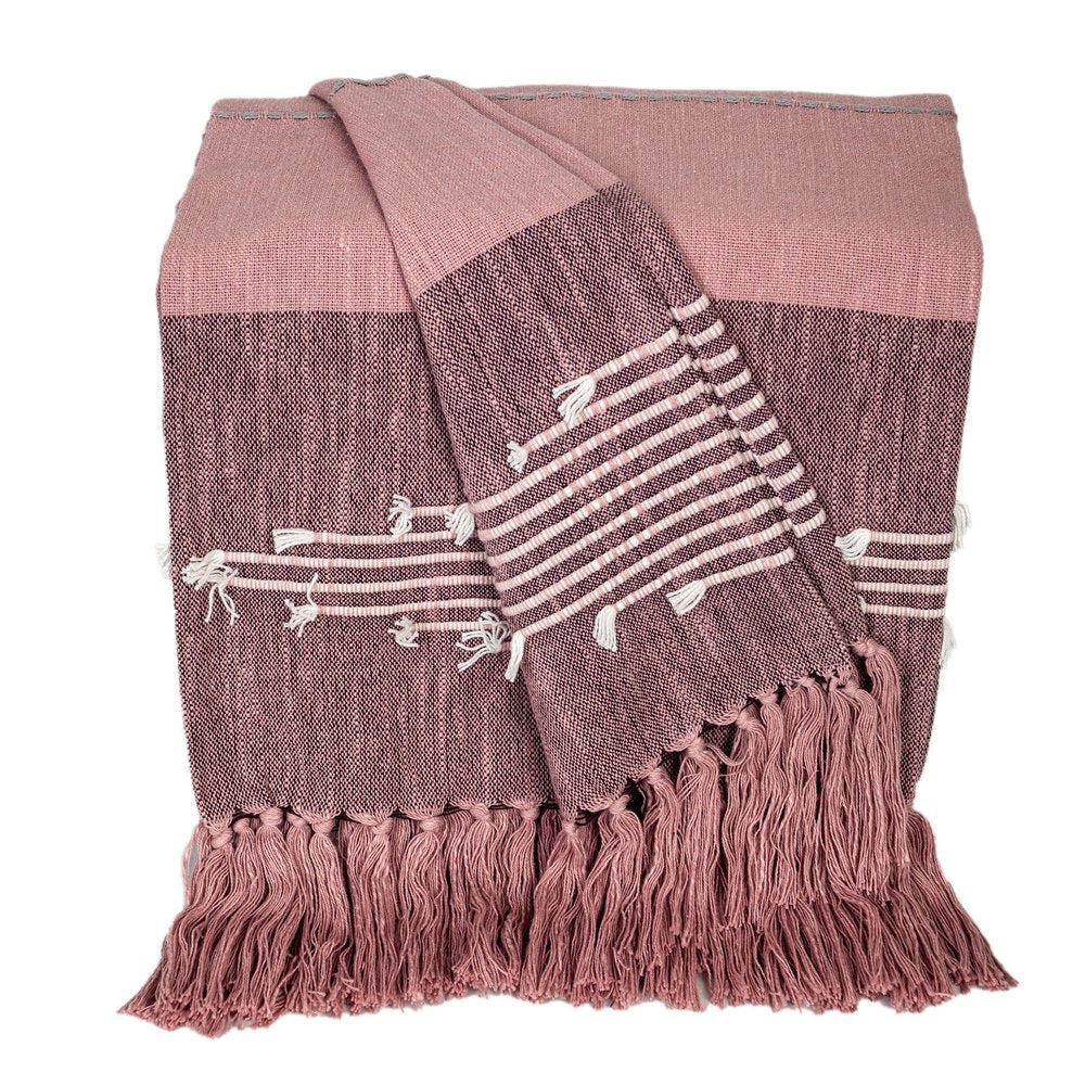 50" X 60" Pink Woven Cotton Striped Throw Blanket with Tassels and Embroidery