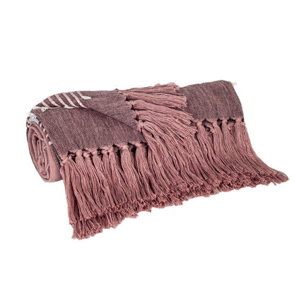50" X 60" Pink Woven Cotton Striped Throw Blanket with Tassels and Embroidery