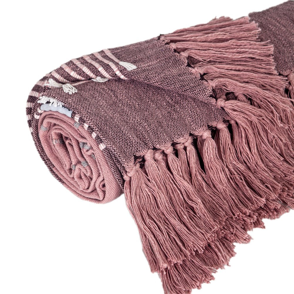 50" X 60" Pink Woven Cotton Striped Throw Blanket with Tassels and Embroidery