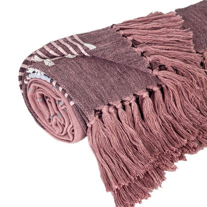 50" X 60" Pink Woven Cotton Striped Throw Blanket with Tassels and Embroidery