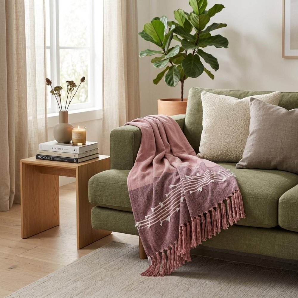 50" X 60" Pink Woven Cotton Striped Throw Blanket with Tassels and Embroidery