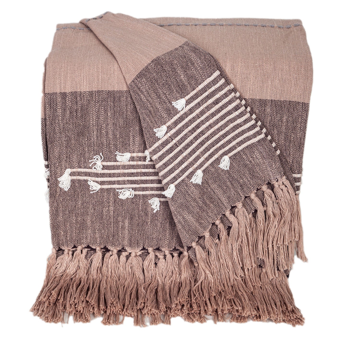 50" X 60" Taupe and Gray Woven Cotton Striped Throw Blanket with Fringe