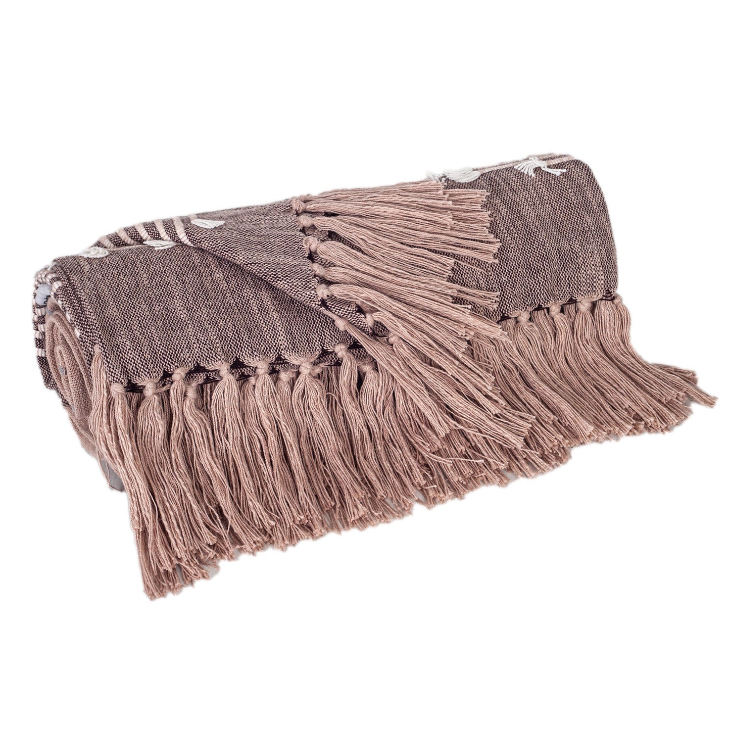 50" X 60" Taupe and Gray Woven Cotton Striped Throw Blanket with Fringe