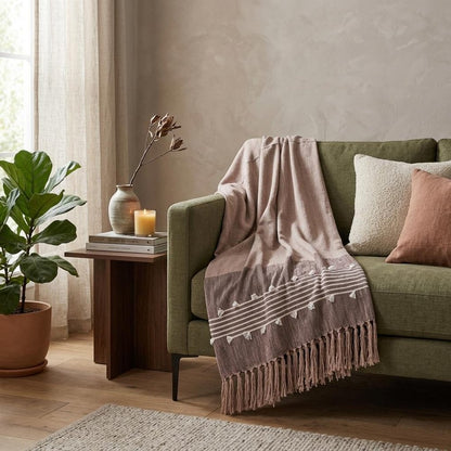 50" X 60" Taupe and Gray Woven Cotton Striped Throw Blanket with Fringe
