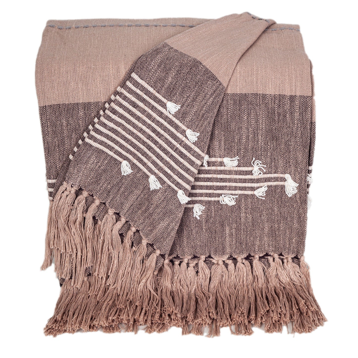 50" X 60" Taupe and Gray Woven Cotton Striped Throw Blanket with Fringe