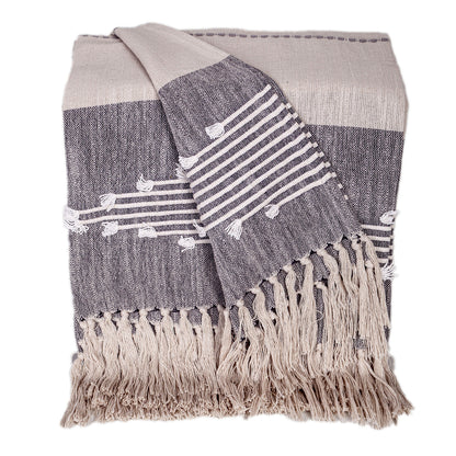 50" X 60" Ivory and Gray Woven Cotton Striped Throw Blanket with Fringe and Embroidery