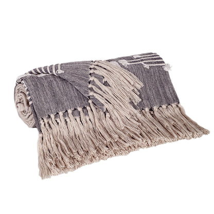 50" X 60" Ivory and Gray Woven Cotton Striped Throw Blanket with Fringe and Embroidery