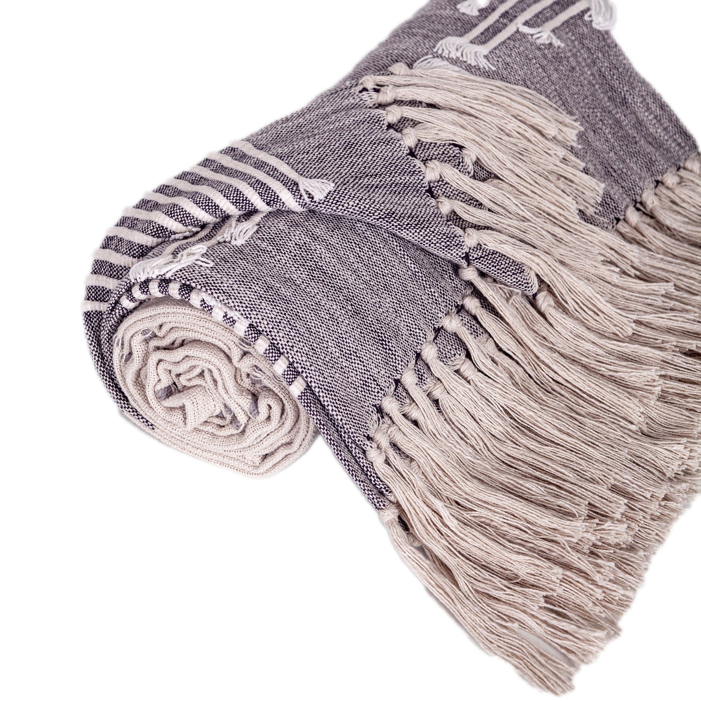 50" X 60" Ivory and Gray Woven Cotton Striped Throw Blanket with Fringe and Embroidery