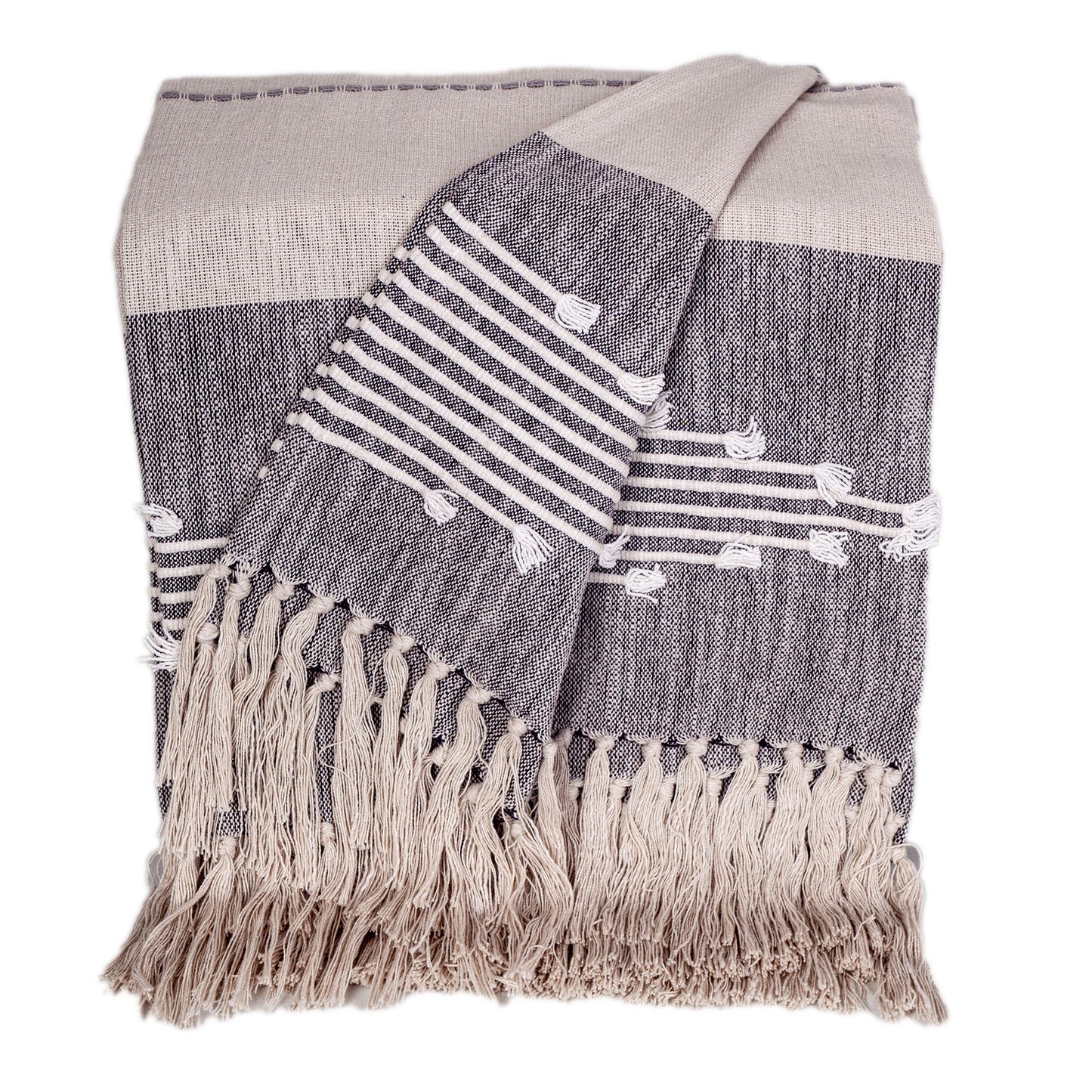 50" X 60" Ivory and Gray Woven Cotton Striped Throw Blanket with Fringe and Embroidery