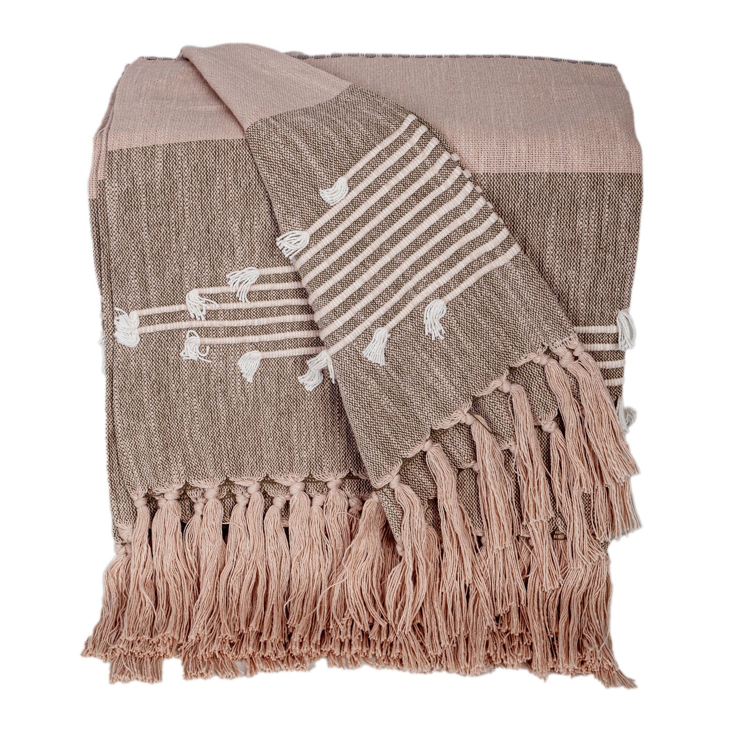 50" X 60" Brown and Tan Woven Cotton Striped Throw Blanket with Fringe and Embroidery