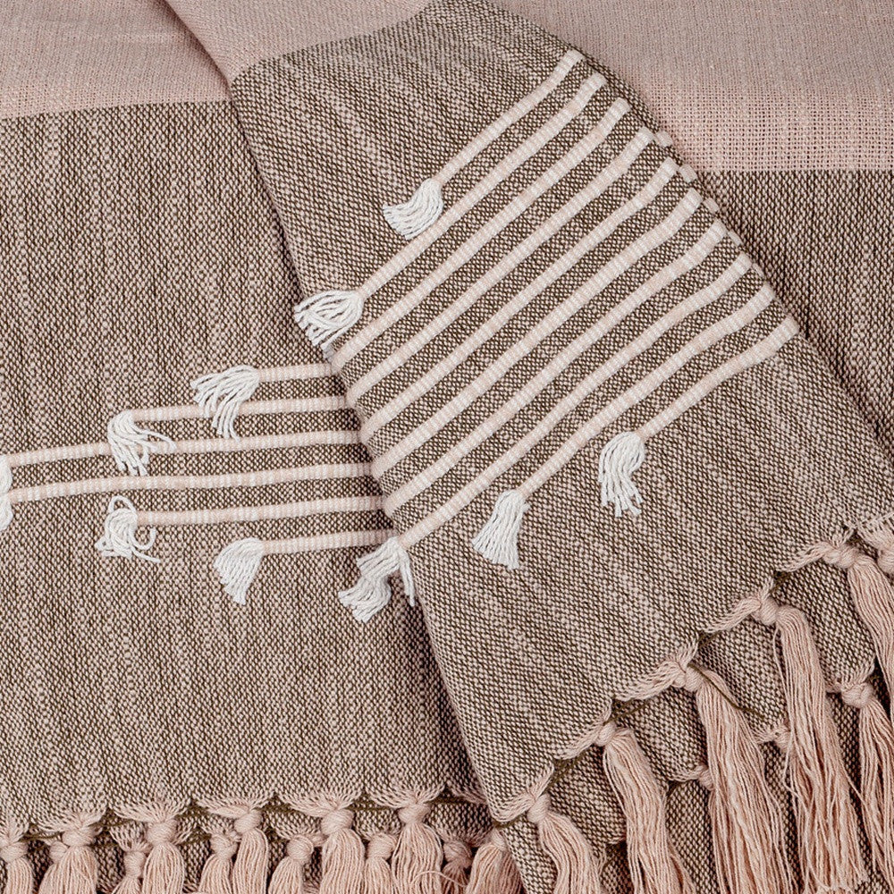 50" X 60" Brown and Tan Woven Cotton Striped Throw Blanket with Fringe and Embroidery