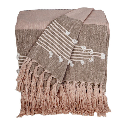 50" X 60" Brown and Tan Woven Cotton Striped Throw Blanket with Fringe and Embroidery