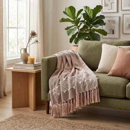 50" X 60" Brown and Tan Woven Cotton Striped Throw Blanket with Fringe and Embroidery