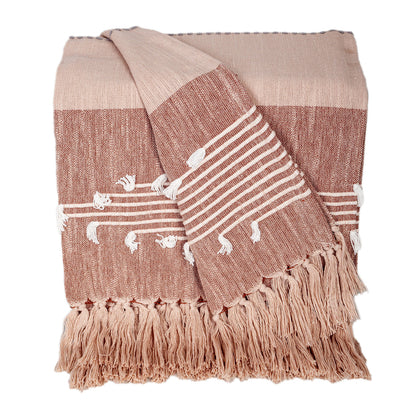 50" X 60" Gray and Rust Woven Cotton Striped Throw Blanket with Fringe, Embroidery