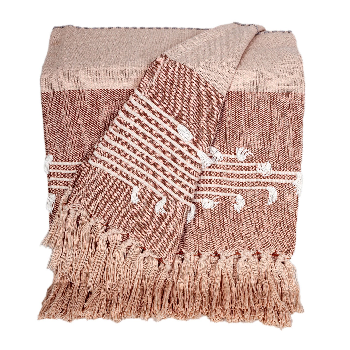 50" X 60" Gray and Rust Woven Cotton Striped Throw Blanket with Fringe, Embroidery