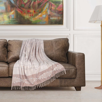 50" X 60" Gray and Rust Woven Cotton Striped Throw Blanket with Fringe, Embroidery