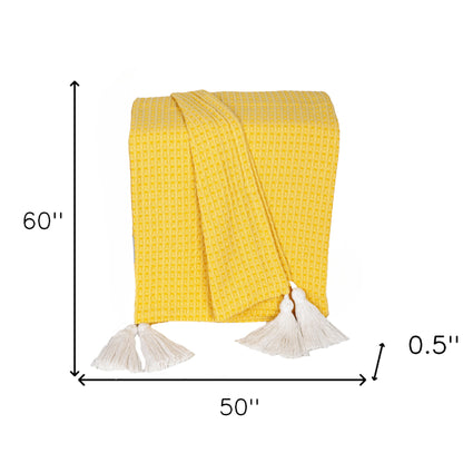 50" X 60" Yellow Woven Cotton Throw Blanket with Tassels