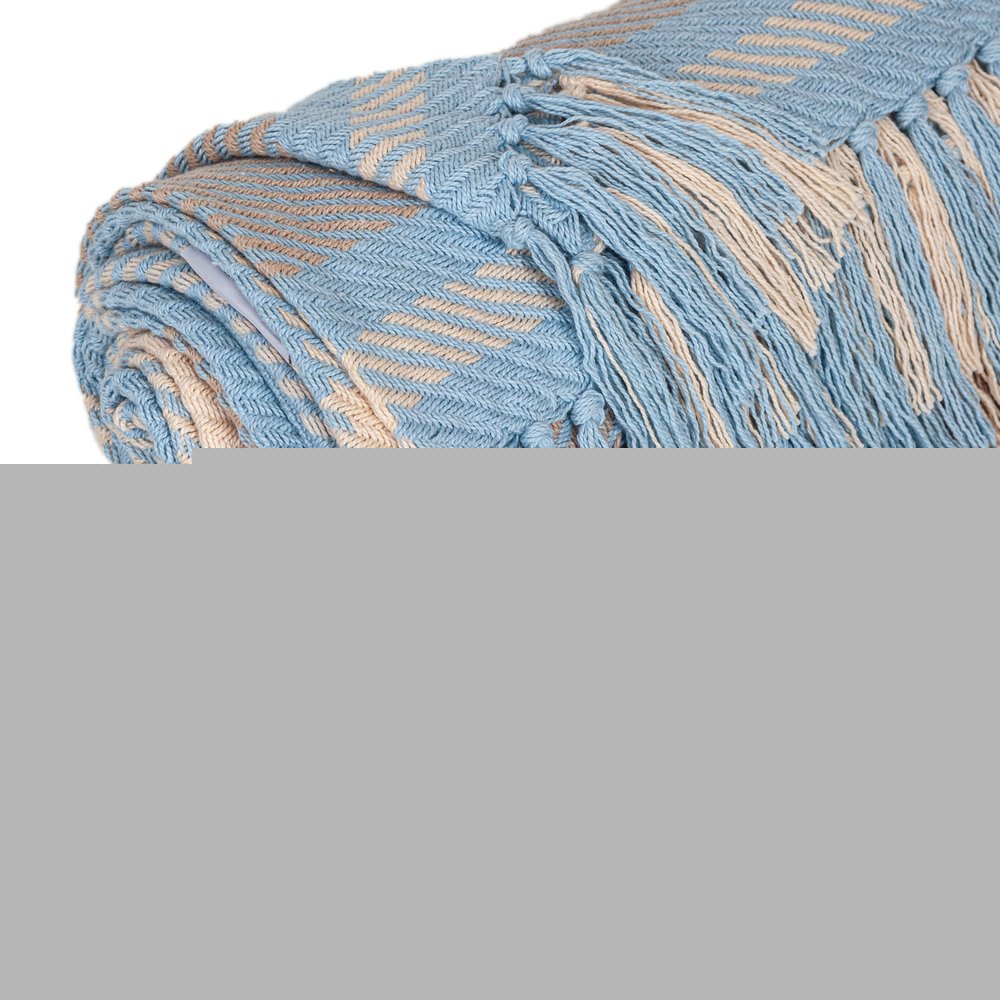 50" X 60" Blue Gray and Beige Woven Cotton Plaid Throw Blanket with Fringe