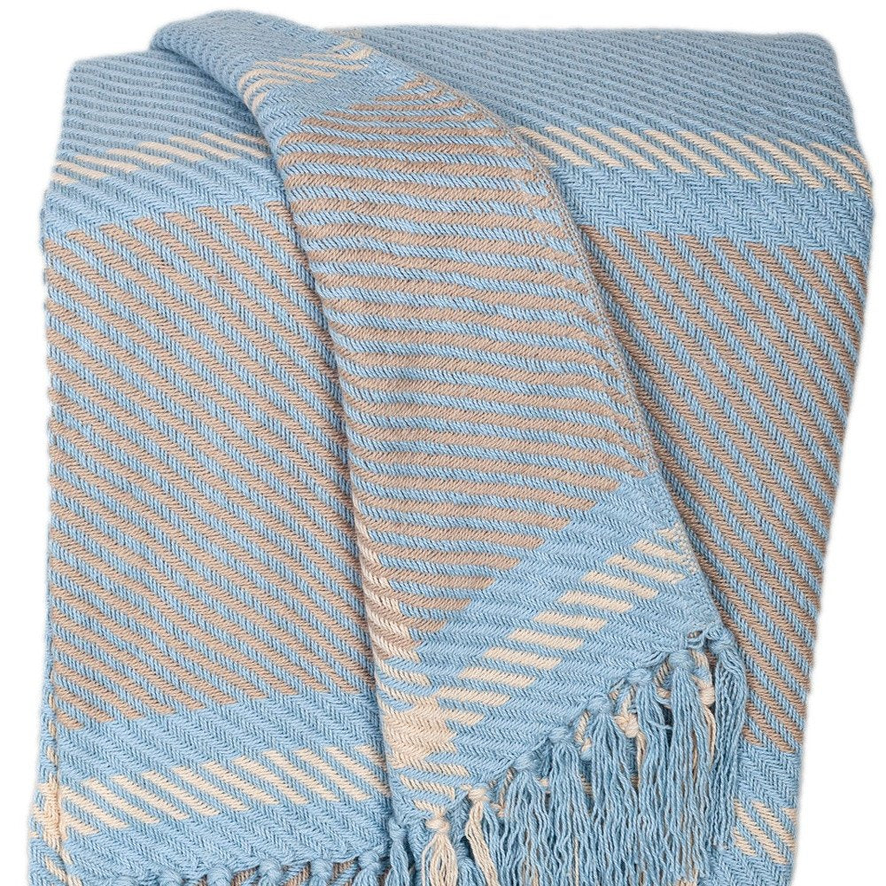 50" X 60" Blue Gray and Beige Woven Cotton Plaid Throw Blanket with Fringe