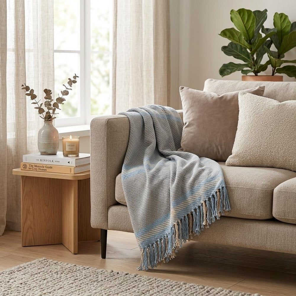 50" X 60" Blue Gray and Beige Woven Cotton Plaid Throw Blanket with Fringe