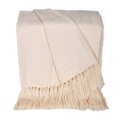 50" X 60" Cream Woven Cotton Herringbone Throw Blanket with Fringe