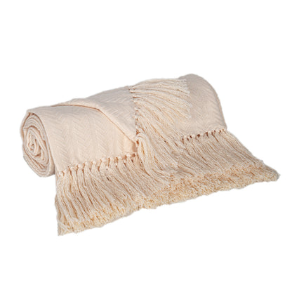 50" X 60" Cream Woven Cotton Herringbone Throw Blanket with Fringe