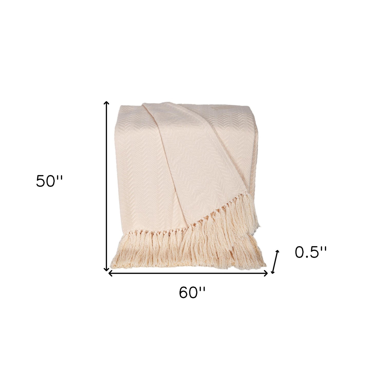 50" X 60" Cream Woven Cotton Herringbone Throw Blanket with Fringe